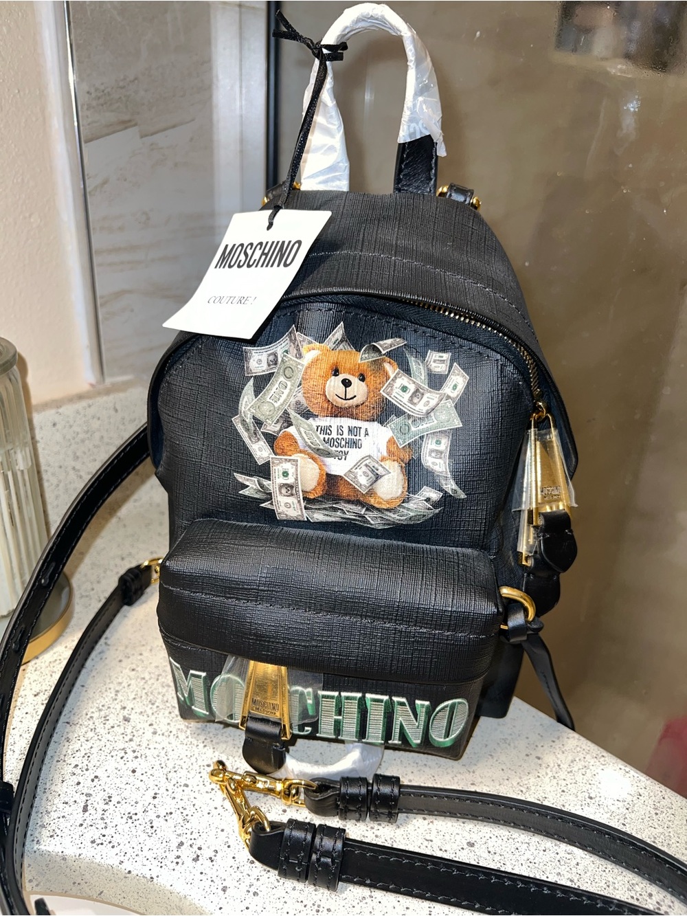 Moschino Black Teddy Bear and Money Mini Backpack